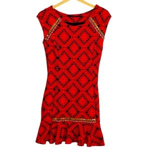 Mellina Red & Black Vintage Diamond Pattern Embellished Brazilian Meroe Dress,S*